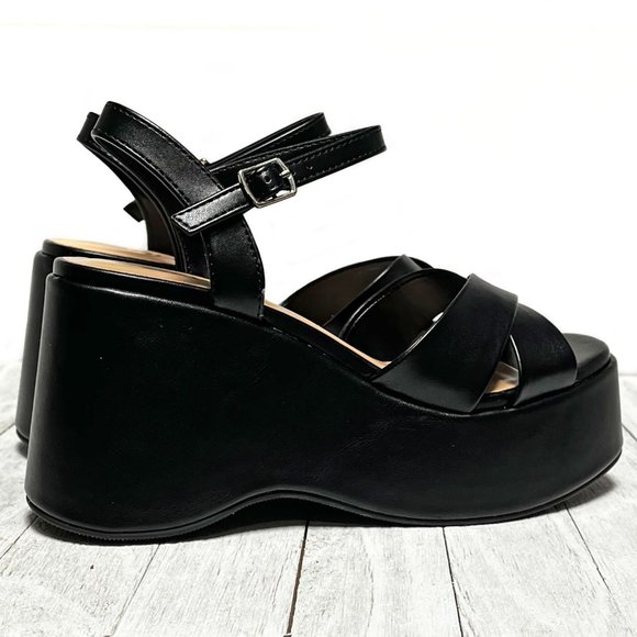 New Black Cross Platform Wedge Sandals - Picture 6 of 6